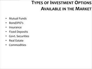 TYPES OF INVESTMENT OPTIONS
                           AVAILABLE IN THE MARKET
•   Mutual Funds
•   Bond/IPO’s
•   Insurance
•   Fixed Deposits
•   Govt. Securities
•   Real Estate
•   Commodities
 