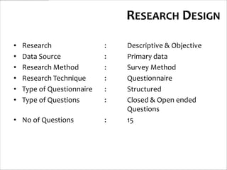 RESEARCH DESIGN

•   Research                :   Descriptive & Objective
•   Data Source             :   Primary data
•   Research Method         :   Survey Method
•   Research Technique      :   Questionnaire
•   Type of Questionnaire   :   Structured
•   Type of Questions       :   Closed & Open ended
                                Questions
• No of Questions           :   15
 