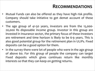RECOMMENDATIONS
• Mutual Funds can also be offered as they have high risk profile.
  Company should take initiative to get demat account of these
  customers.
• The age group of 41-50 years, investors are from the 15,000-
  20,000 Rs disposable income group. Investor in this group are
  invested in Insurance sector, the primary focus of these investors
  are retirement and time horizon is likely to be 6-9 years. This is
  also good potential group for the retirement plan in ULIPs. Fixed
  deposits can be a good option for them.
• In the survey there were lot of people who were in the age group
  of above 60. For this group of people the company can target
  Fixed deposits which gives continues return like monthly
  interests so that they can keep on getting returns.
 