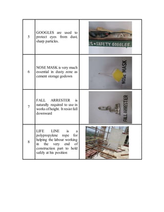5
GOOGLES are used to
protect eyes from dust,
sharp particles.
6
NOSE MASK is very much
essential in dusty zone as
cement storage godown
7
FALL ARRESTER is
naturally required to use in
works ofheight. It resist fall
downward
8
LIFE LINE is a
polypropylene rope for
helping the labour working
in the very end of
construction part to hold
safely at his position
 