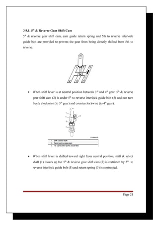 3.9.1. 5th & Reverse Gear Shift Cam 
5th & reverse gear shift cam, cam guide return spring and 5th to reverse interlock 
guide bolt are provided to prevent the gear from being directly shifted from 5th to 
reverse. 
· When shift lever is at neutral position between 3rd and 4th gear, 5th & reverse 
gear shift cam (2) is under 5th to reverse interlock guide bolt (5) and can turn 
freely clockwise (to 3rd gear) and counterclockwise (to 4th gear). 
· When shift lever is shifted toward right from neutral position, shift & select 
shaft (1) moves up but 5th & reverse gear shift cam (2) is restricted by 5th to 
reverse interlock guide bolt (5) and return spring (3) is contracted. 
Page 21 
 