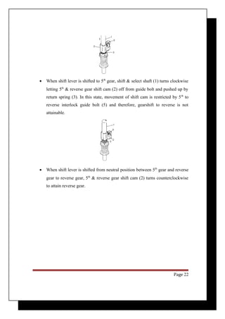 · When shift lever is shifted to 5th gear, shift & select shaft (1) turns clockwise 
letting 5th & reverse gear shift cam (2) off from guide bolt and pushed up by 
return spring (3). In this state, movement of shift cam is restricted by 5th to 
reverse interlock guide bolt (5) and therefore, gearshift to reverse is not 
attainable. 
· When shift lever is shifted from neutral position between 5th gear and reverse 
gear to reverse gear, 5th & reverse gear shift cam (2) turns counterclockwise 
to attain reverse gear. 
Page 22 
 
