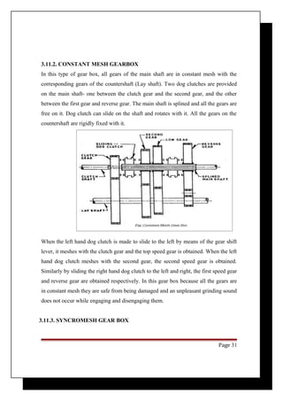 3.11.2. CONSTANT MESH GEARBOX 
In this type of gear box, all gears of the main shaft are in constant mesh with the 
corresponding gears of the countershaft (Lay shaft). Two dog clutches are provided 
on the main shaft- one between the clutch gear and the second gear, and the other 
between the first gear and reverse gear. The main shaft is splined and all the gears are 
free on it. Dog clutch can slide on the shaft and rotates with it. All the gears on the 
countershaft are rigidly fixed with it. 
When the left hand dog clutch is made to slide to the left by means of the gear shift 
lever, it meshes with the clutch gear and the top speed gear is obtained. When the left 
hand dog clutch meshes with the second gear, the second speed gear is obtained. 
Similarly by sliding the right hand dog clutch to the left and right, the first speed gear 
and reverse gear are obtained respectively. In this gear box because all the gears are 
in constant mesh they are safe from being damaged and an unpleasant grinding sound 
does not occur while engaging and disengaging them. 
3.11.3. SYNCROMESH GEAR BOX 
Page 31 
 