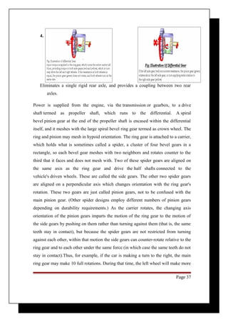 4. 
Eliminates a single rigid rear axle, and provides a coupling between two rear 
axles. 
Power is supplied from the engine, via the transmission or gearbox, to a drive 
shaft termed as propeller shaft, which runs to the differential. A spiral 
bevel pinion gear at the end of the propeller shaft is encased within the differential 
itself, and it meshes with the large spiral bevel ring gear termed as crown wheel. The 
ring and pinion may mesh in hypoid orientation. The ring gear is attached to a carrier, 
which holds what is sometimes called a spider, a cluster of four bevel gears in a 
rectangle, so each bevel gear meshes with two neighbors and rotates counter to the 
third that it faces and does not mesh with. Two of these spider gears are aligned on 
the same axis as the ring gear and drive the half shafts connected to the 
vehicle's driven wheels. These are called the side gears. The other two spider gears 
are aligned on a perpendicular axis which changes orientation with the ring gear's 
rotation. These two gears are just called pinion gears, not to be confused with the 
main pinion gear. (Other spider designs employ different numbers of pinion gears 
depending on durability requirements.) As the carrier rotates, the changing axis 
orientation of the pinion gears imparts the motion of the ring gear to the motion of 
the side gears by pushing on them rather than turning against them (that is, the same 
teeth stay in contact), but because the spider gears are not restricted from turning 
against each other, within that motion the side gears can counter-rotate relative to the 
ring gear and to each other under the same force (in which case the same teeth do not 
stay in contact).Thus, for example, if the car is making a turn to the right, the main 
ring gear may make 10 full rotations. During that time, the left wheel will make more 
Page 37 
 