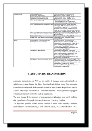 4. AUTOMATIC TRANSMISSION 
Automatic transmission or A/T has no clutch. It changes gears automatically as 
vehicle moves, thus freeing the driver from hassle of shifting gears. This automatic 
transmission is electronic full automatic transaxle with forward 4-speed and reverse 
1-speed .The torque convertor is a 3 element,1-step and 2 phase type and is equipped 
with an automatically controlled lock up mechanism. 
The gear change device consists of a ravigenau type planetary gear unit 3 multiple 
disc type clutches,3 multiple disc type brakes and 2 one way clutches. 
The hydraulic pressure control device consists of valve body assembly, pressure 
solenoid valve (linear solenoid), 2 shift solenoid valves, TCC solenoid valves (TCC 
Page 41 
 