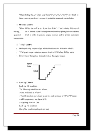 When shifting the A/T select lever from “D”,”3”,”2”,”L” to “R” at 11km/h or 
faster, reverse gear is not engaged to protect the automatic transmission. 
o Overrun Control 
When shifting the A/T select lever from D to 3, 2 or L during high speed 
driving, TCM inhibits down-shifting until the vehicle speed goes down to the 
specified level in order to prevent engine overrun and to protect automatic 
transmission. 
o Torque Control 
· During shifting, engine torque will fluctuate and this will cause a shock. 
· TCM sends torque reduction request signal to ECM when shifting starts. 
· ECM retards the ignition timing to reduce the engine torque. 
o Lock Up Control 
Lock-Up OK condition 
The following conditions are all met. 
- Gear position is at 3rd or 4th. 
- Throttle position and vehicle speed in a lock-up range at “D” or “3” range. 
- ATF temperatures are above 60oC. 
- Stop lamp switch is OFF 
Lock-Up NG condition 
One of the conditions above is not met. 
Page 54 
Ignition 
timing 
Retard 
 