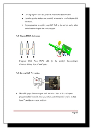 · Locking in place once the gearshift position has been located. 
· Ensuring precise and secure gearshift by means of a defined gearshift 
resistance. 
· Communicating a positive gearshift feel to the driver and a clear 
sensation that the gear has been engaged. 
7.2 Diagonal Shift Assistance 
Diagonal Shift Assist (DSA) adds to the comfort by assisting in 
effortless shifting from 5th to 4th gear . 
7.3 Reverse Shift Prevention 
· The cubic projection on the gear shift and select lever is blocked by the 
projection of reverse shift limit yoke when gear shift control lever is shifted 
from 5th position to reverse position. 
Page 62 
 