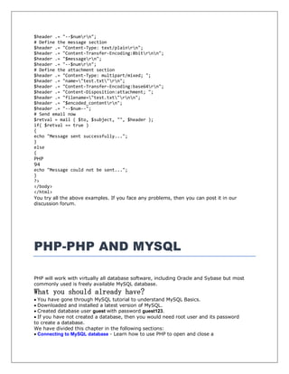 MySQL database connection.
Create MySQL Database Using PHP - This part explains how to create MySQL
database and tables ...