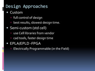 Design Approaches
 Custom
   full control of design
   best results, slowest design time.
 Semi-custom (std cell)
   use Cell libraries from vendor
   cad tools, faster design time
 EPLA/EPLD -FPGA
   Electrically Programmable (in the Field)
 
