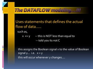 Uses statements that defines the actual
flow of data.....
 such as,
    x <= y    -- this is NOT less than equal to
               -- told you its not C

 this assigns the Boolean signal x to the value of Boolean
 signal y... i.e. x = y
 this will occur whenever y changes....
 