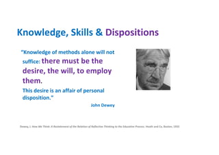 “Knowledge of methods alone will not
suffice: there must be the
desire, the will, to employ
them.
This desire is an affair of personal
disposition.”
John Dewey
Dewey, J. How We Think: A Restatement of the Relation of Reflective Thinking to the Educative Process. Heath and Co, Boston, 1933
Knowledge, Skills & Dispositions
 