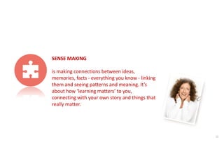 SENSE MAKING
is making connections between ideas,
memories, facts - everything you know - linking
them and seeing patterns and meaning. It’s
about how ‘learning matters’ to you,
connecting with your own story and things that
really matter.
22
 