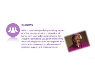 BELONGING
reflects how much you feel you belong as part
of a ‘learning community’ – at work or at
home, or in your wider social network. It’s
about the confidence you gain from knowing
there are people you learn well together with
and to whom you can turn when you need
guidance, support and encouragement.
26
 