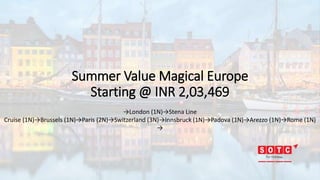 Summer Value Magical Europe
Starting @ INR 2,03,469
→London (1N)→Stena Line
Cruise (1N)→Brussels (1N)→Paris (2N)→Switzerland (3N)→Innsbruck (1N)→Padova (1N)→Arezzo (1N)→Rome (1N)
→
 