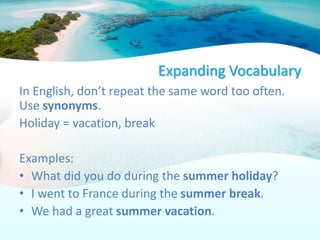 Summer ESL Vocabulary - Tan, Sunburn, etc