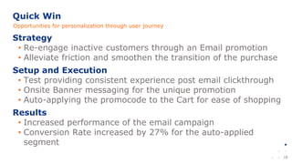 18
Strategy
• Re-engage inactive customers through an Email promotion
• Alleviate friction and smoothen the transition of the purchase
Setup and Execution
• Test providing consistent experience post email clickthrough
• Onsite Banner messaging for the unique promotion
• Auto-applying the promocode to the Cart for ease of shopping
Results
• Increased performance of the email campaign
• Conversion Rate increased by 27% for the auto-applied
segment
Quick Win
Opportunities for personalization through user journey
 