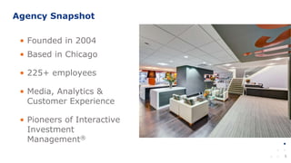 5
Agency Snapshot
• Founded in 2004
• Based in Chicago
• 225+ employees
• Media, Analytics &
Customer Experience
• Pioneers of Interactive
Investment
Management®
 