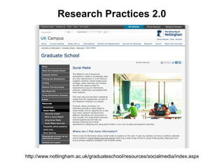 Research Practices 2.0




http://www.nottingham.ac.uk/graduateschool/resources/socialmedia/index.aspx
 