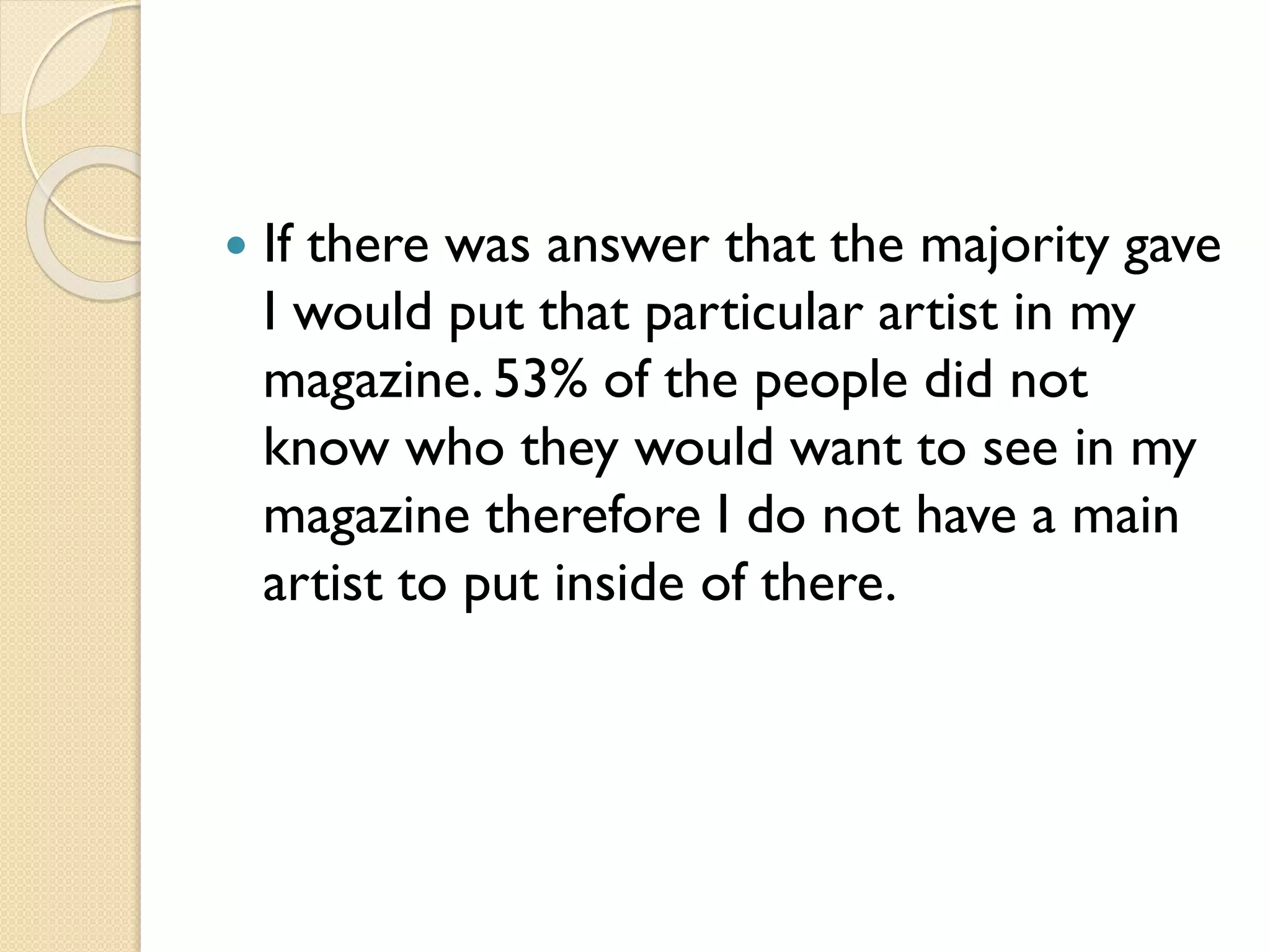 

If there was answer that the majority gave
I would put that particular artist in my
magazine. 53% of the people did not
know who they would want to see in my
magazine therefore I do not have a main
artist to put inside of there.

 