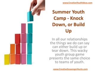 Summer Youth
Camp - Knock
Down, or Build
Up
In all our relationships
the things we do can say
can either build up or
tear down. This wacky
youth group game
presents the same choice
to teams of youth.
www.CreativeYouthIdeas.com
www.CreativeScavengerHunts.com
 