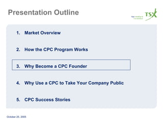 Presentation Outline Market Overview How the CPC Program Works Why Become a CPC Founder Why Use a CPC to Take Your Company Public  CPC Success Stories 