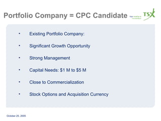 Existing Portfolio Company: Significant Growth Opportunity Strong Management Capital Needs: $1 M to $5 M Close to Commercialization Stock Options and Acquisition Currency Portfolio Company = CPC Candidate 