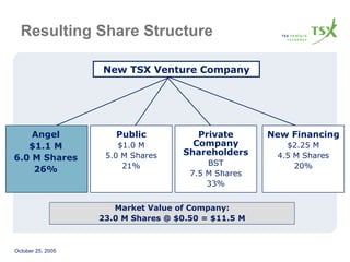 Angel $1.1 M 6.0 M Shares 26% New TSX Venture Company Resulting Share Structure Public $1.0 M 5.0 M Shares 21% Private Company Shareholders BST 7.5 M Shares 33% New Financing $2.25 M 4.5 M Shares 20% Market Value of Company: 23.0 M Shares @ $0.50 = $11.5 M 