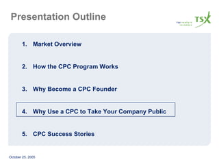 Presentation Outline Market Overview How the CPC Program Works Why Become a CPC Founder Why Use a CPC to Take Your Company Public  CPC Success Stories 