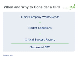 When and Why to Consider a CPC Junior Company Wants/Needs + Market Conditions + Critical Success Factors Successful CPC 