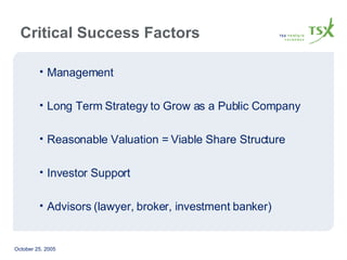 Critical Success Factors Management Long Term Strategy to Grow as a Public Company Reasonable Valuation = Viable Share Structure Investor Support Advisors (lawyer, broker, investment banker)  