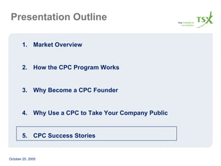 Presentation Outline Market Overview How the CPC Program Works Why Become a CPC Founder Why Use a CPC to Take Your Company Public  CPC Success Stories 