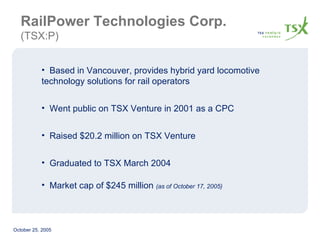 RailPower Technologies Corp. (TSX:P) Based in Vancouver, provides hybrid yard locomotive technology solutions for rail operators Went public on TSX Venture in 2001 as a CPC Raised $20.2 million on TSX Venture Graduated to TSX March 2004 Market cap of $245 million  (as of October 17, 2005) 