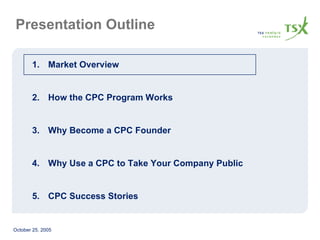 Presentation Outline Market Overview How the CPC Program Works Why Become a CPC Founder Why Use a CPC to Take Your Company Public  CPC Success Stories 