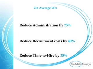On Average We: Reduce Administration by   75%   Reduce Recruitment costs by   40%   Reduce Time-to-Hire by   35% 