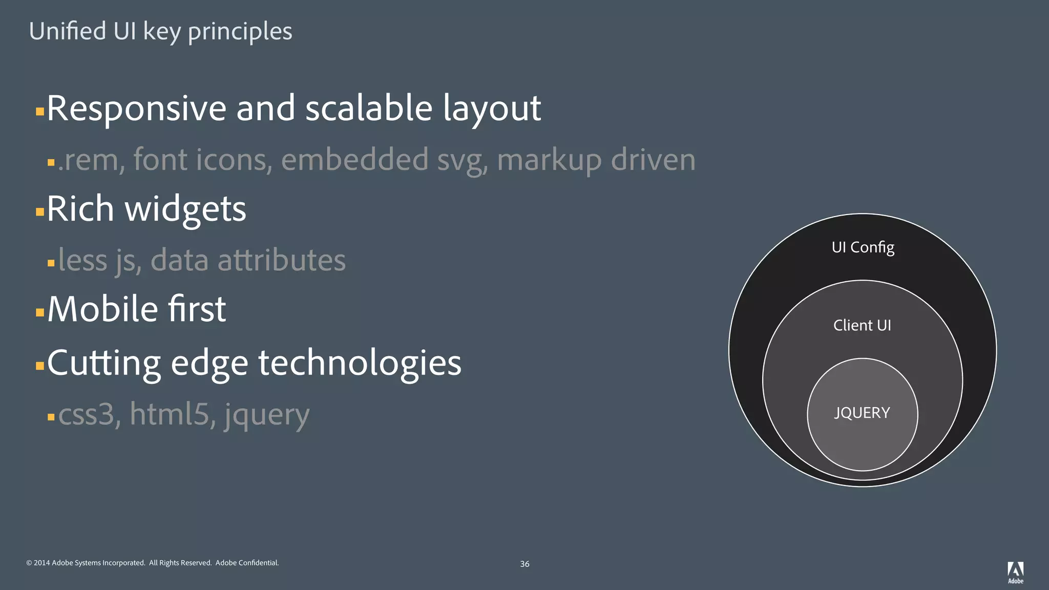 © 2014 Adobe Systems Incorporated. All Rights Reserved. Adobe Confidential.
Unified UI key principles
36
§Responsive and scalable layout
§.rem, font icons, embedded svg, markup driven
§Rich widgets
§less js, data attributes
§Mobile first
§Cutting edge technologies
§css3, html5, jquery JQUERY
Client UI
UI Config
 
