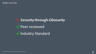 © 2014 Adobe Systems Incorporated. All Rights Reserved. Adobe Confidential.
Better security
11
X Security through Obscurity
✓ Peer reviewed
✓ Industry Standard
 