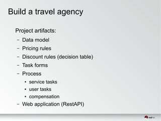 Build a travel agency
Project artifacts:
– Data model
– Pricing rules
– Discount rules (decision table)
– Task forms
– Process
● service tasks
● user tasks
● compensation
– Web application (RestAPI)
 