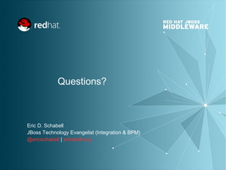Questions?
Eric D. Schabell
JBoss Technology Evangelist (Integration & BPM)
@ericschabell | schabell.org
 