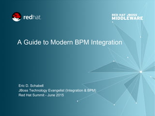 A Guide to Modern BPM Integration
Eric D. Schabell
JBoss Technology Evangelist (Integration & BPM)
Red Hat Summit - June 2015
 