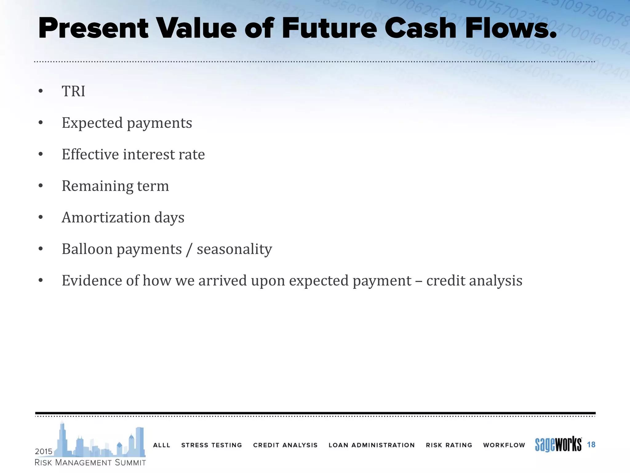• TRI
• Expected payments
• Effective interest rate
• Remaining term
• Amortization days
• Balloon payments / seasonality
• Evidence of how we arrived upon expected payment – credit analysis
18
 