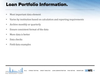 • Most important data element
• Varies by institution based on calculation and reporting requirements
• Archive monthly or quarterly
• Ensure consistent format of the data
• More data is better
• Data checks
• Field data examples
10
 