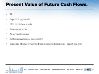 • TRI
• Expected payments
• Effective interest rate
• Remaining term
• Amortization days
• Balloon payments / seasonality
• Evidence of how we arrived upon expected payment – credit analysis
18
 