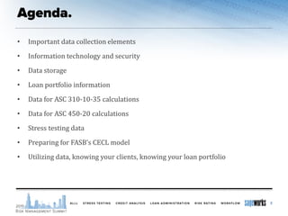 • Important data collection elements
• Information technology and security
• Data storage
• Loan portfolio information
• Data for ASC 310-10-35 calculations
• Data for ASC 450-20 calculations
• Stress testing data
• Preparing for FASB’s CECL model
• Utilizing data, knowing your clients, knowing your loan portfolio
2
 