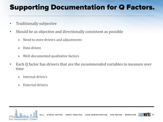 • Traditionally subjective
• Should be as objective and directionally consistent as possible
» Need to store drivers and adjustments
» Data driven
» Well-documented qualitative factors
• Each Q factor has drivers that are the recommended variables to measure over
time
» Internal drivers
» External drivers
24
 