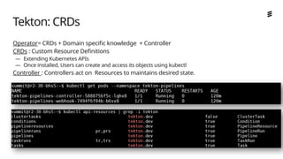 Ericsson Internal | 2018-02-21
Operator= CRDs + Domain specific knowledge + Controller
CRDs : Custom Resource Definitions
— Extending Kubernetes APIs
— Once installed, Users can create and access its objects using kubectl
Controller : Controllers act on Resources to maintains desired state.
Tekton: CRDs
 