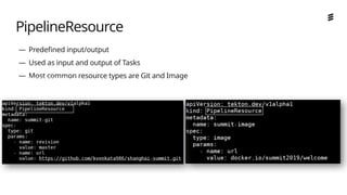 Ericsson Internal | 2018-02-21
— Predefined input/output
— Used as input and output of Tasks
— Most common resource types are Git and Image
PipelineResource
 