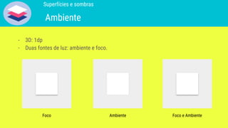 - 3D: 1dp
- Duas fontes de luz: ambiente e foco.
Superfícies e sombras
Ambiente
Foco Ambiente Foco e Ambiente
 