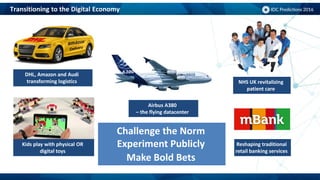 Transitioning to the Digital Economy
Challenge the Norm
Experiment Publicly
Make Bold Bets
Reshaping traditional
retail banking services
NHS UK revitalizing
patient care
Kids play with physical OR
digital toys
Airbus A380
– the flying datacenter
DHL, Amazon and Audi
transforming logistics
 