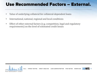• Value of underlying collateral for collateral-dependent loans
• International, national, regional and local conditions
• Effect of other external factors (e.g. competition, legal and regulatory
requirements) on the level of estimated credit losses
13
 