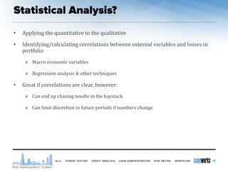 • Applying the quantitative to the qualitative
• Identifying/calculating correlations between external variables and losses in
portfolio
» Macro economic variables
» Regression analysis & other techniques
• Great if correlations are clear, however:
» Can end up chasing needle in the haystack
» Can limit discretion in future periods if numbers change
18
 